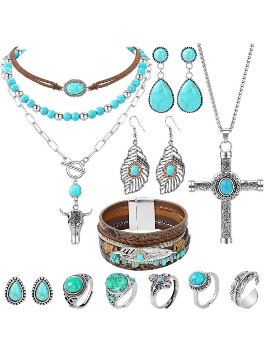 Boho Turquoise Jewelry Set for Women - Necklace, Earrings, Bracelet & Rings